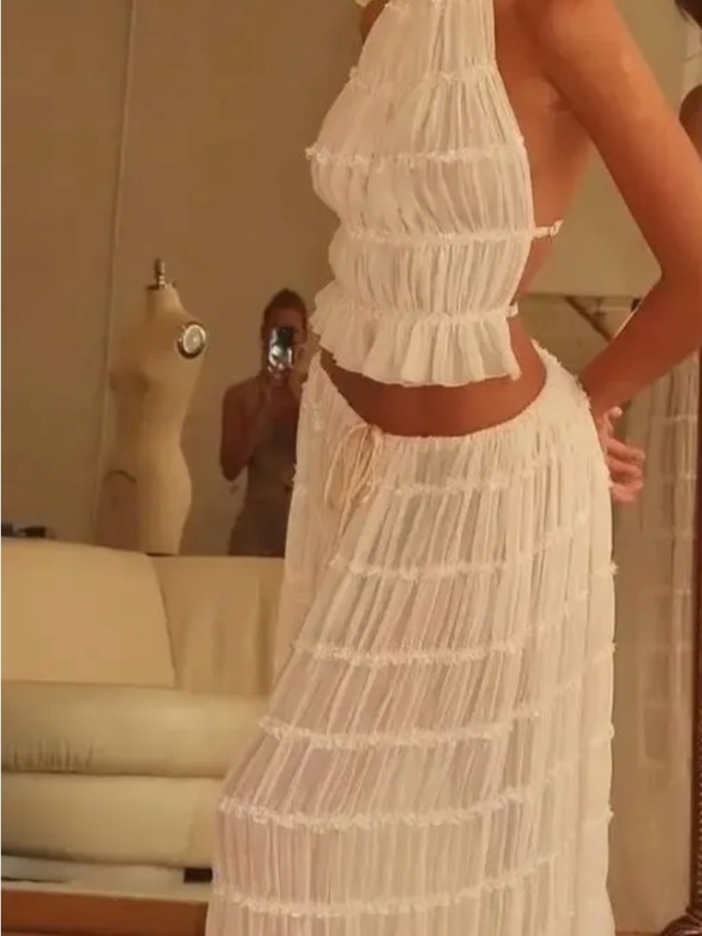 Women's White Sleeveless Ruffled Maxi Dress Two-Piece Set